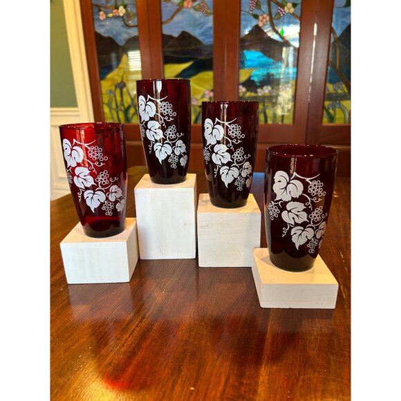 Ruby Red Anchor Hocking Grape Patterned Glass Tumblers. - Picture 1 of 12